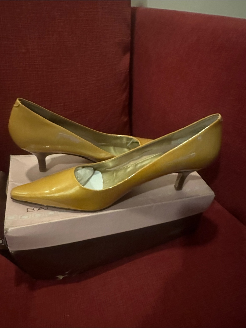 Bandolino Pointed-Toe Kitten Heels in Mustard Yellow